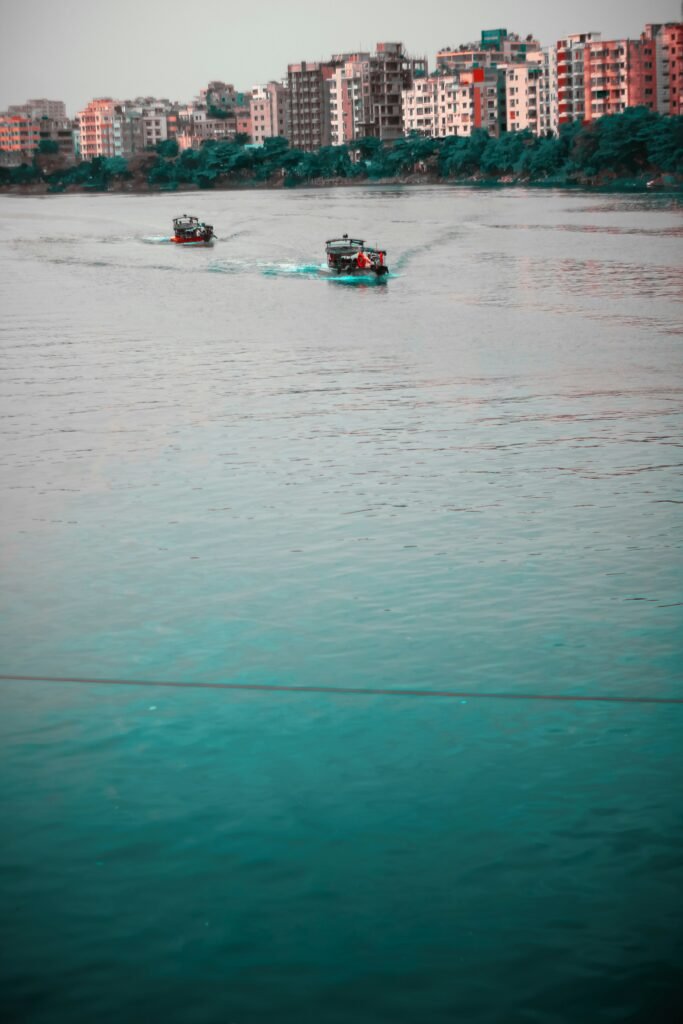 Traditional boats on the water in Dhaka, Bangladesh